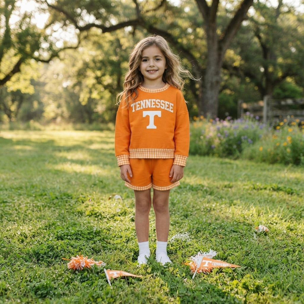 Long sleeves orange T vinyl top shorts girls team outfits