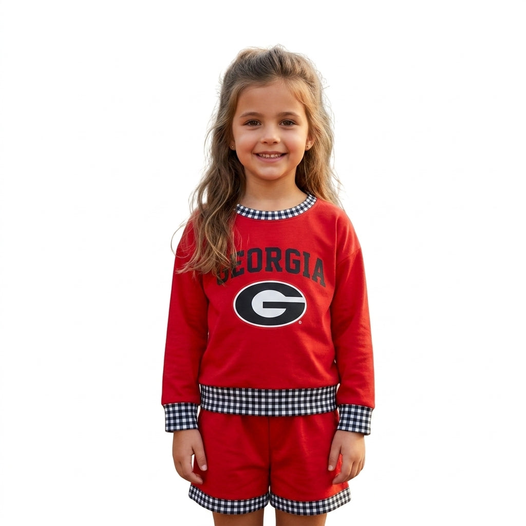 Long sleeves red G vinyl top shorts girls team outfits