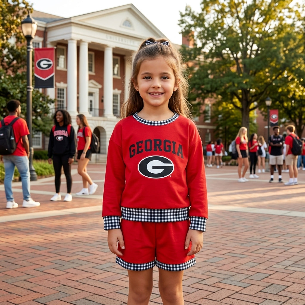 Long sleeves red G vinyl top shorts girls team outfits
