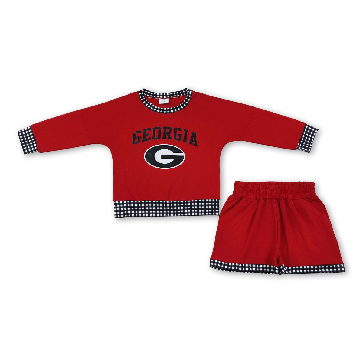 Long sleeves red G vinyl top shorts girls team outfits