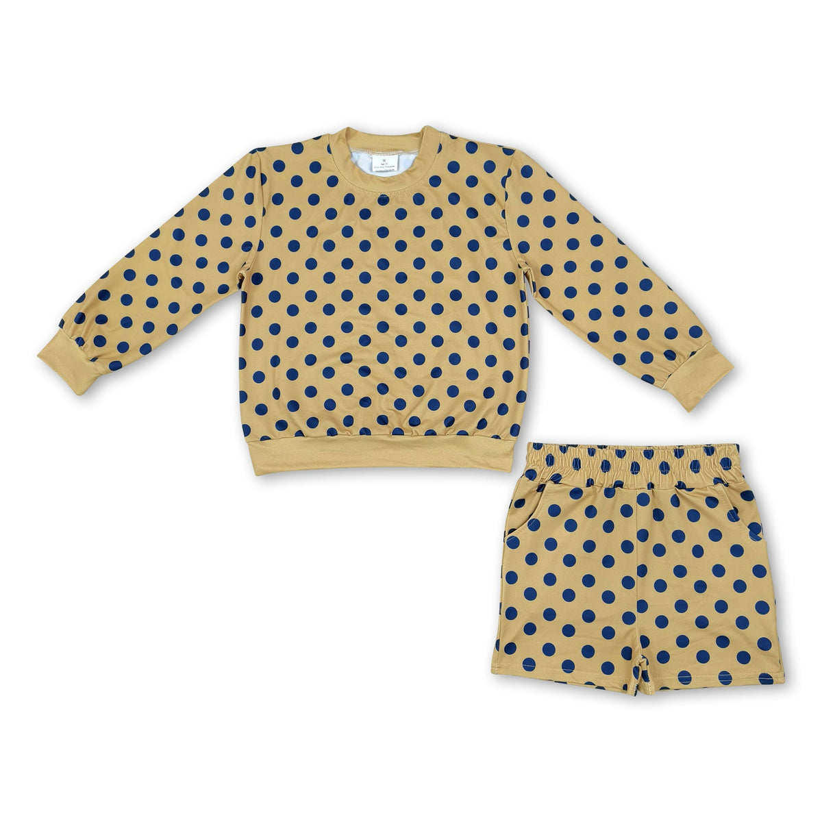 Long sleeves yellow navy polka dots top shorts girls outfits