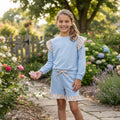 Flutter long sleeves light blue cotton top shorts girls outfits