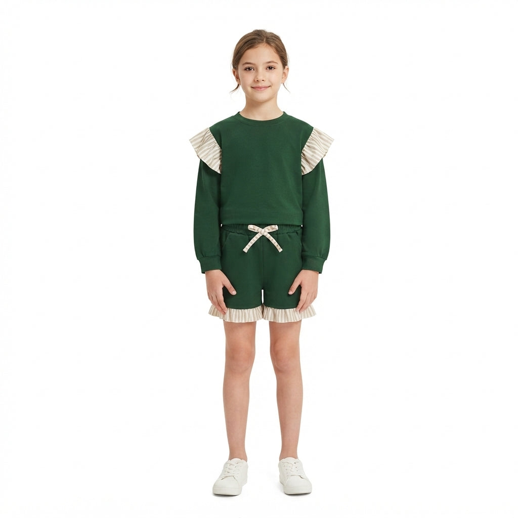 Flutter long sleeves green top shorts girls outfits