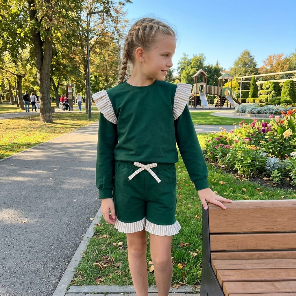 Flutter long sleeves green top shorts girls outfits