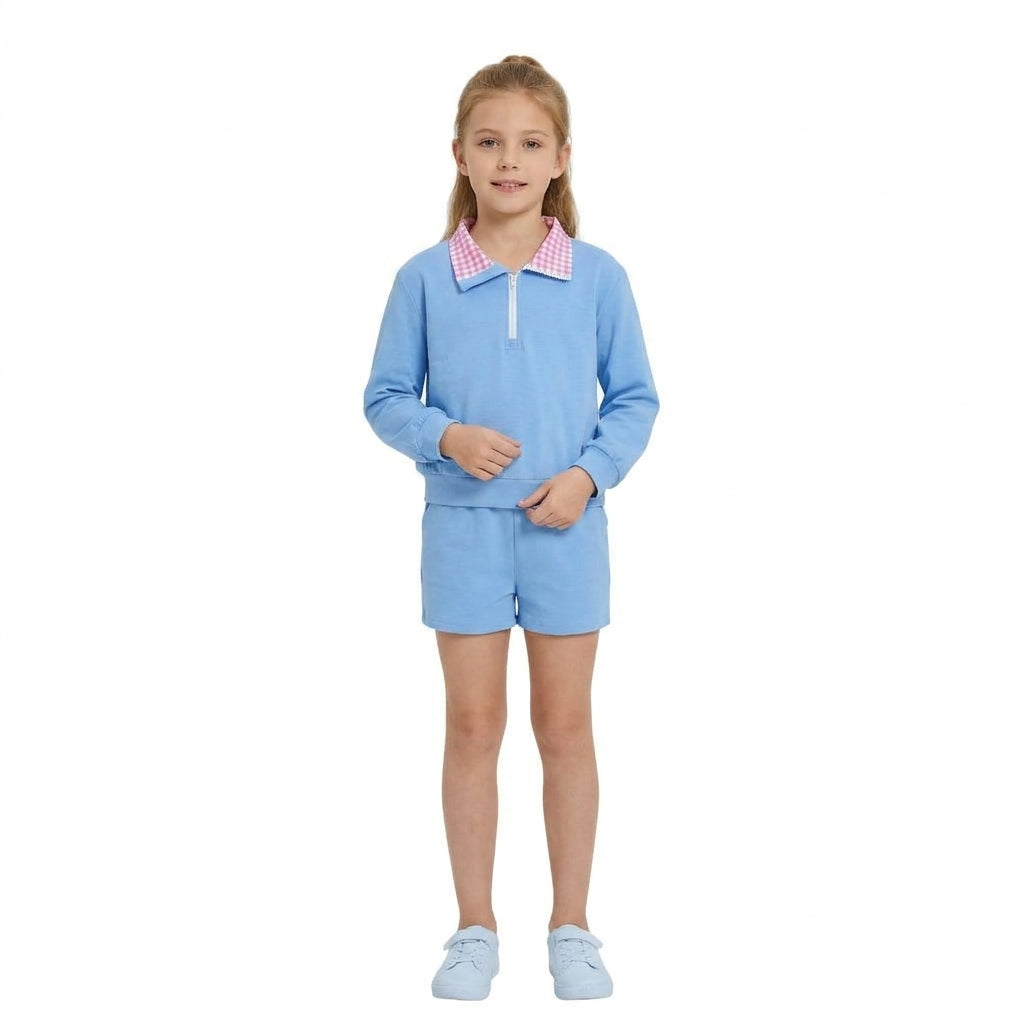 Long sleeves pink plaid blue pullover shorts girls outfits