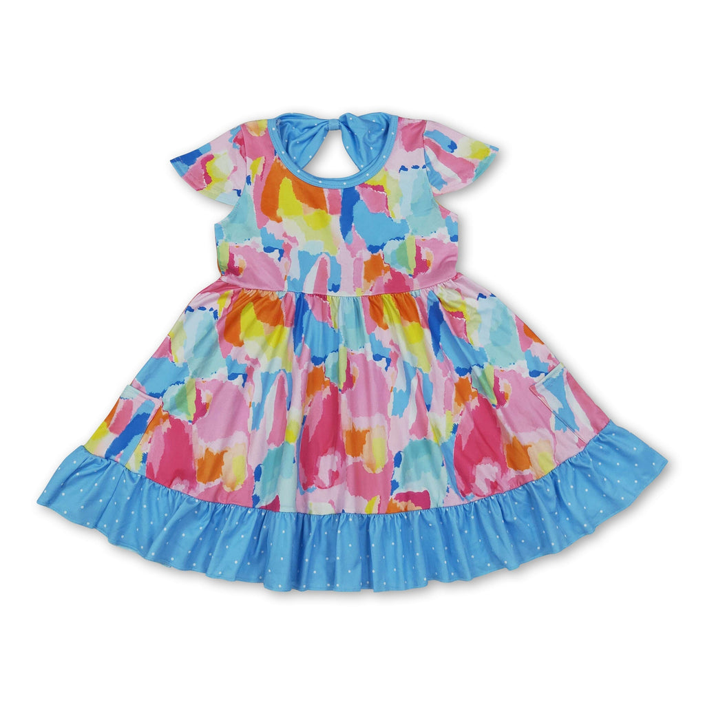 Short sleeves tie dye polka dots ruffle girls dresses