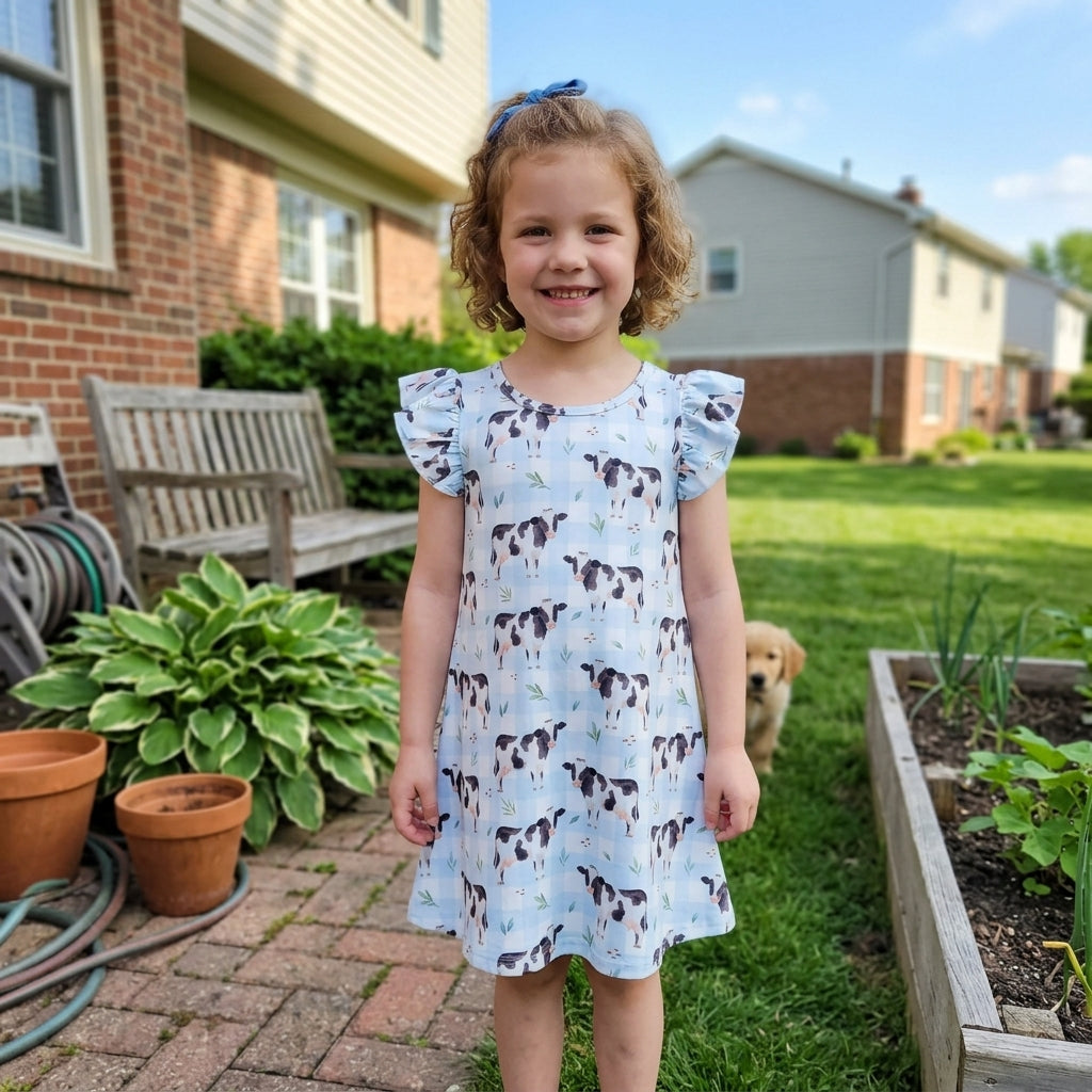 Flutter sleeves light blue plaid cow baby girls farm dress