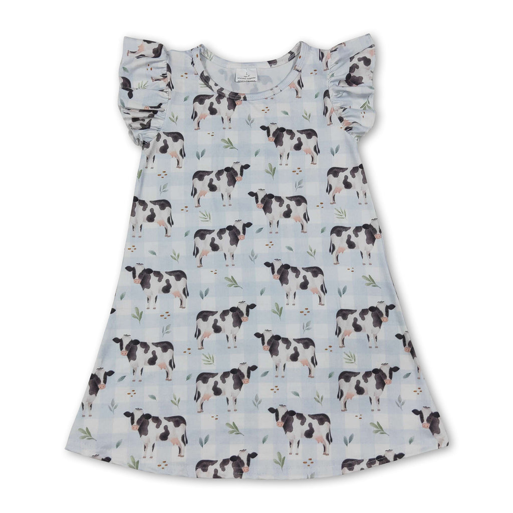 Flutter sleeves light blue plaid cow baby girls farm dress