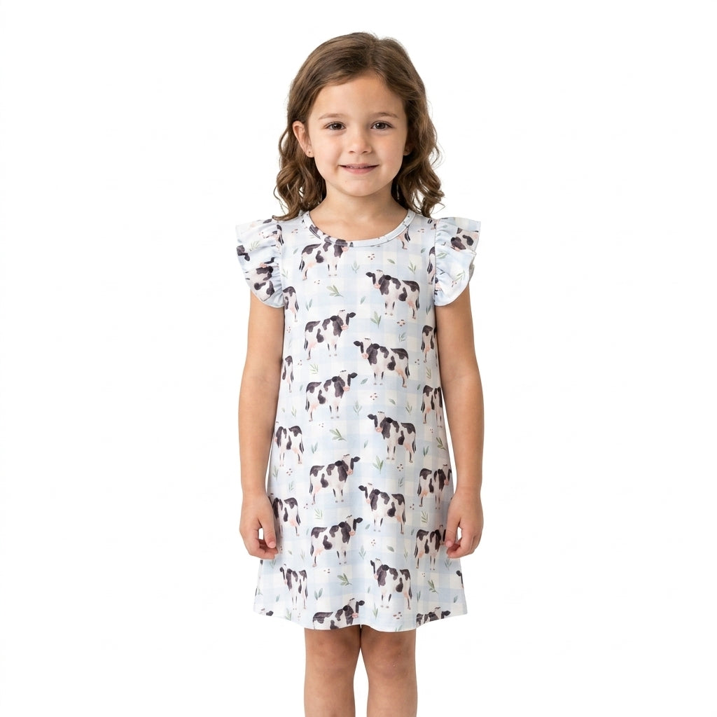 Flutter sleeves light blue plaid cow baby girls farm dress