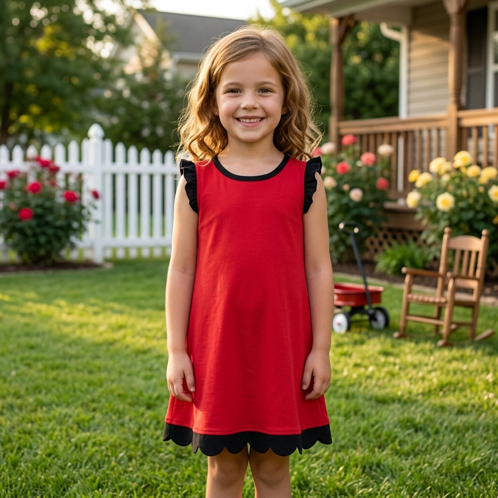 Black scallop ruffle sleeveless red girls cotton team dress