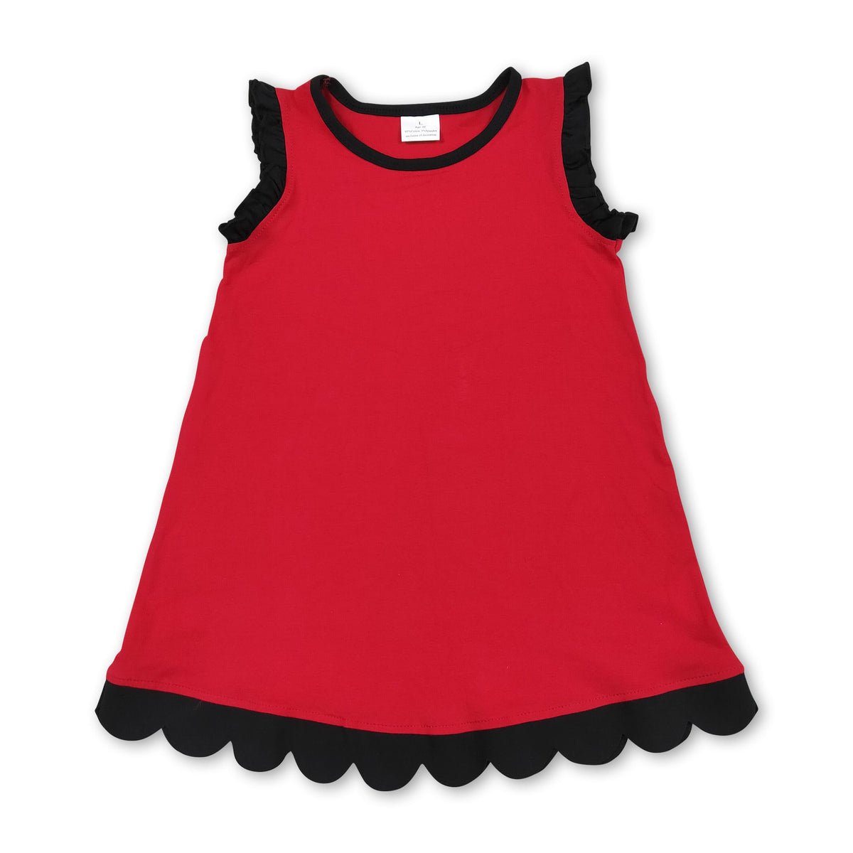 Black scallop ruffle sleeveless red girls cotton team dress