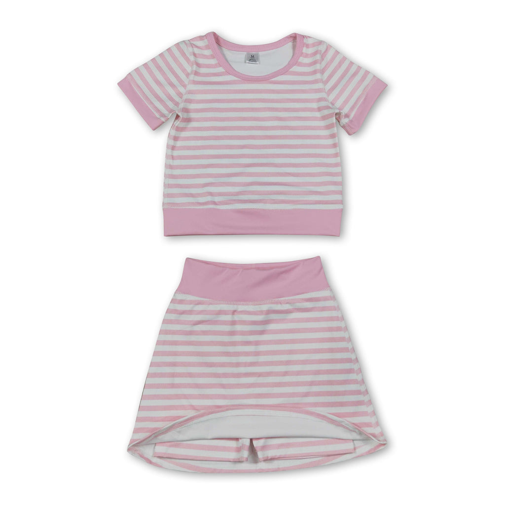 Short sleeves pink stripe top skirt girls active wear outfits