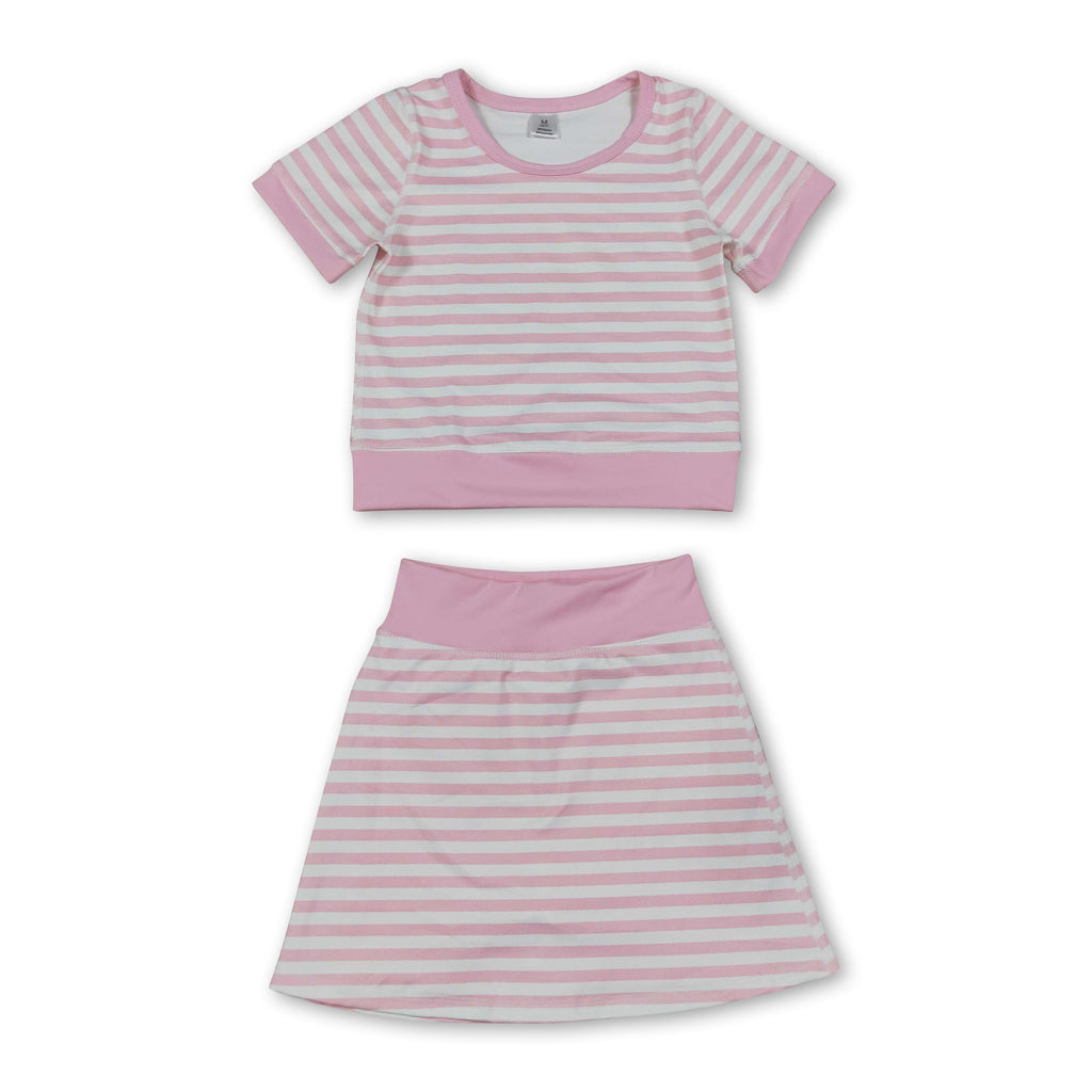 Short sleeves pink stripe top skirt girls active wear outfits