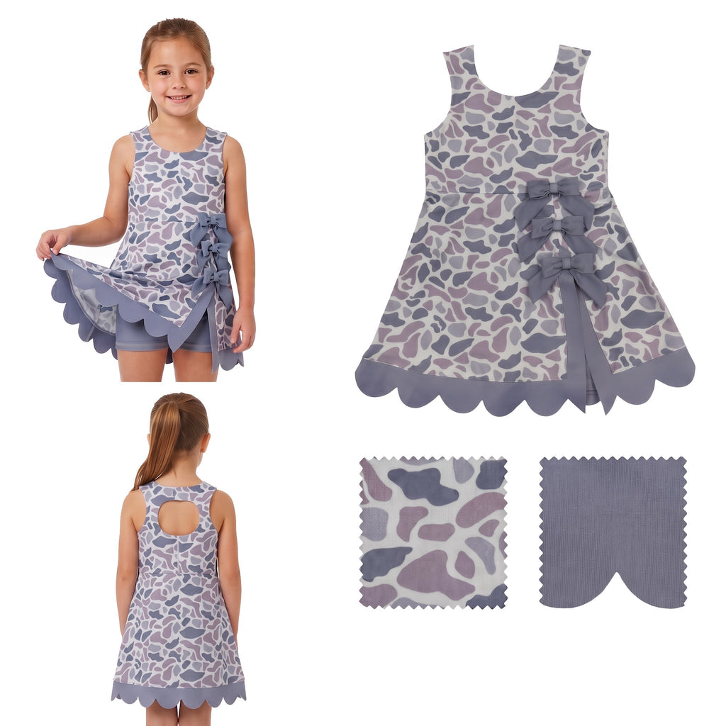 Grey camo bow scallop kids girls summer athletic dresses