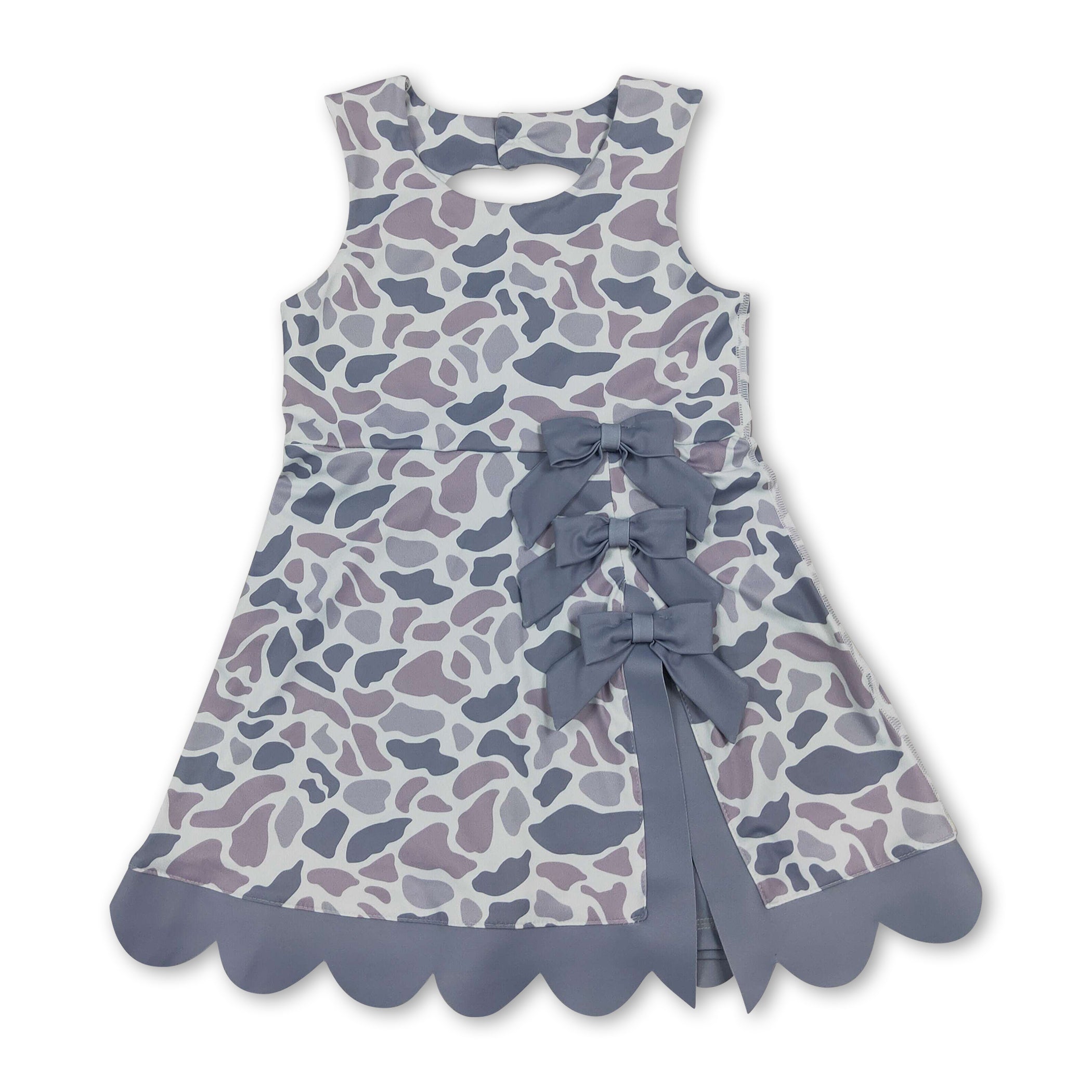 Grey camo bow scallop kids girls summer athletic dresses
