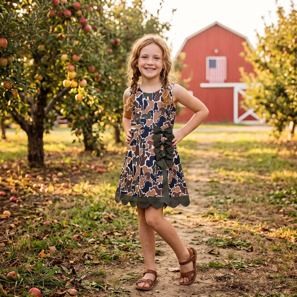 Camo bow scallop kids girls summer athletic dresses