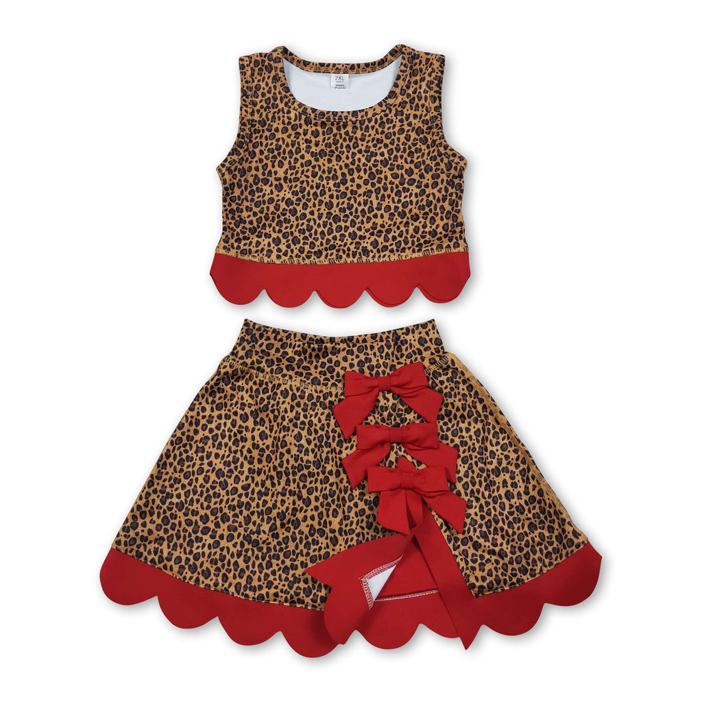 Sleeveless leopard red scallop girls summer active wear set