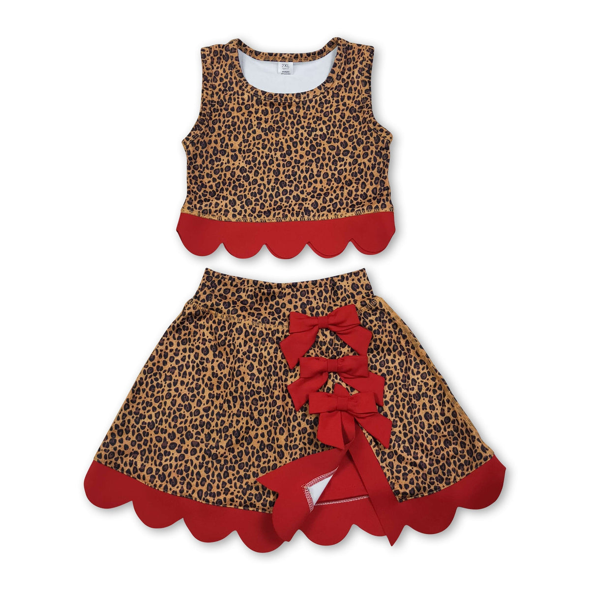 Sleeveless leopard red scallop girls summer active wear set