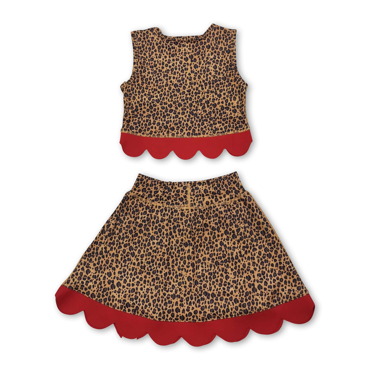 Sleeveless leopard red scallop girls summer active wear set