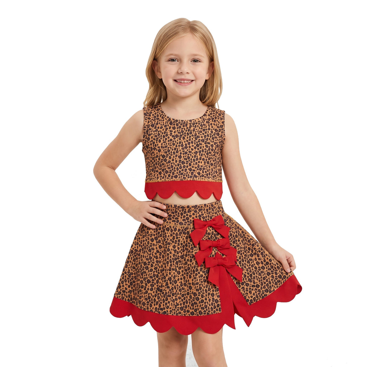 Sleeveless leopard red scallop girls summer active wear set