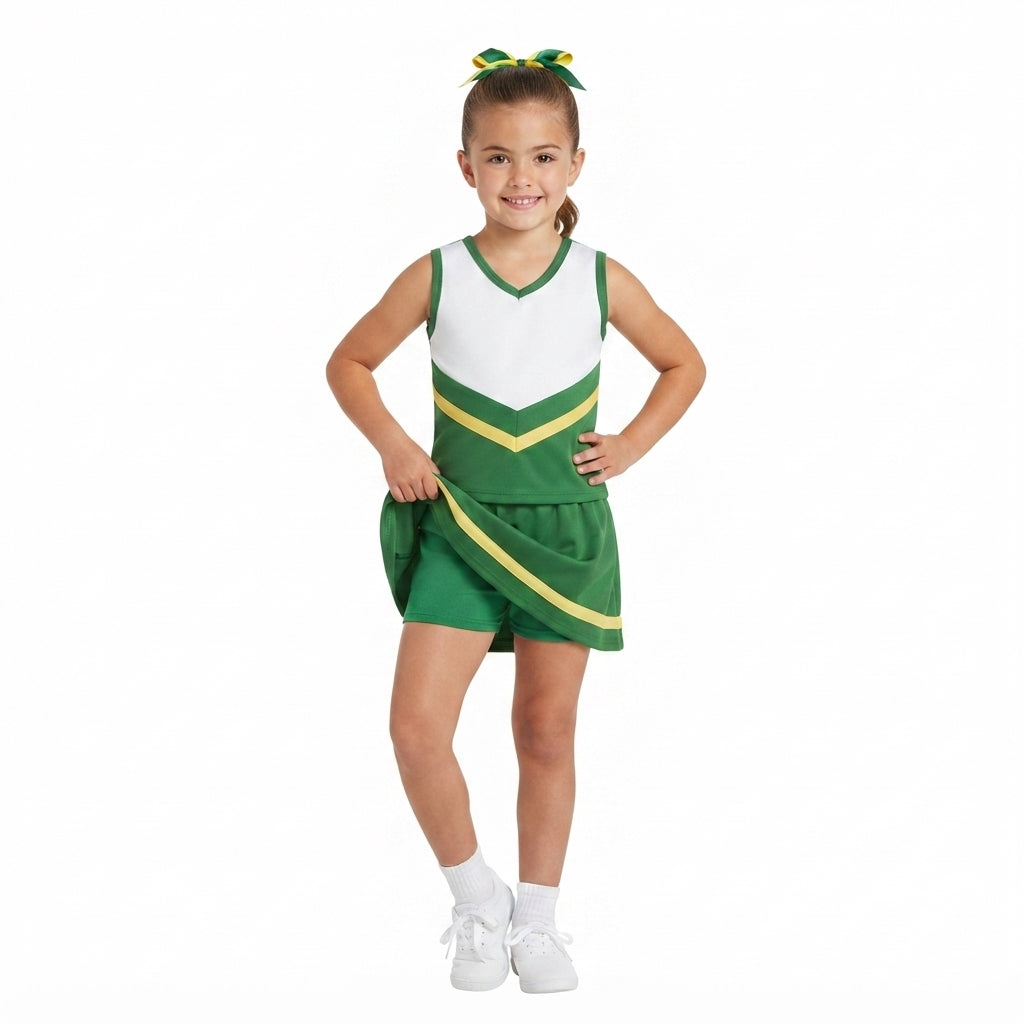 Sleeveless green yellow top skirt girls team cheer active set