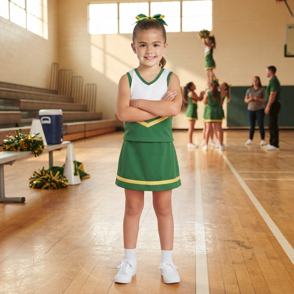 Sleeveless green yellow top skirt girls team cheer active set
