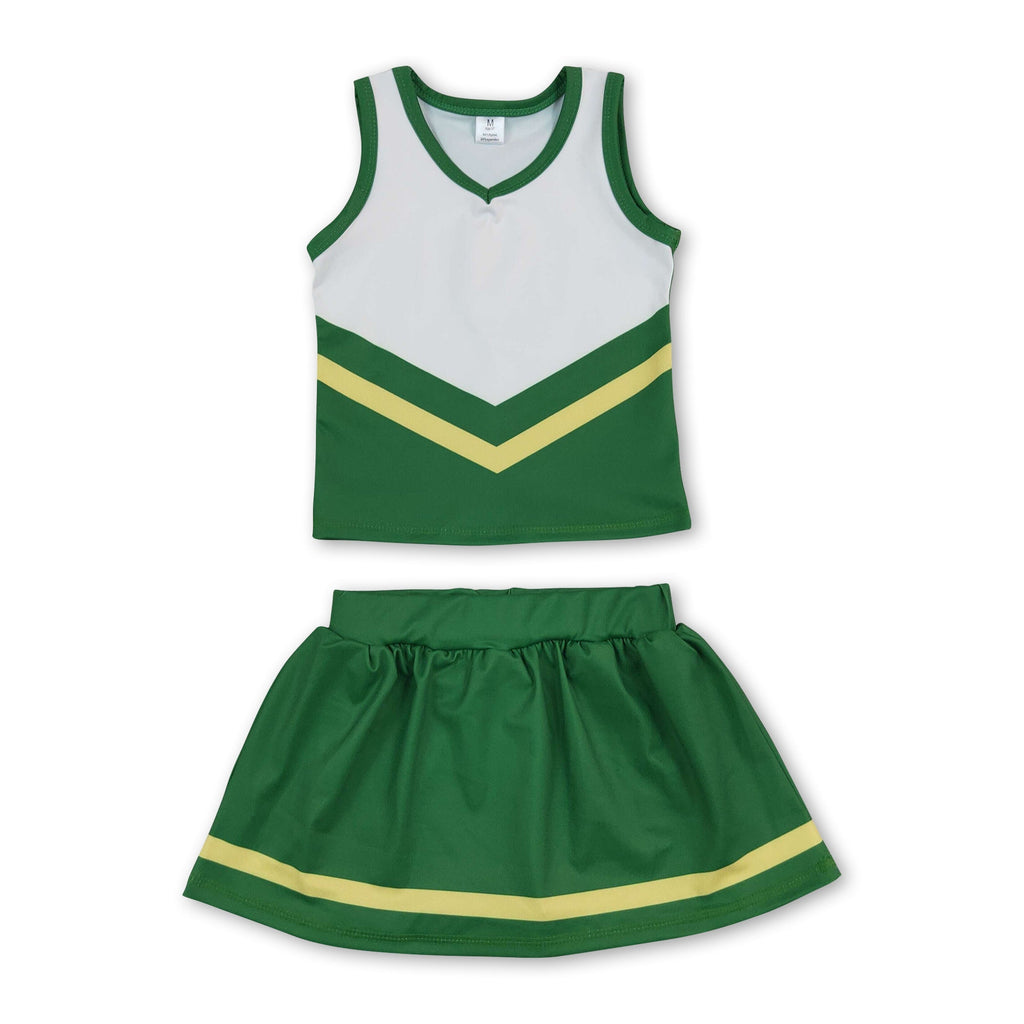 Sleeveless green yellow top skirt girls team cheer active set