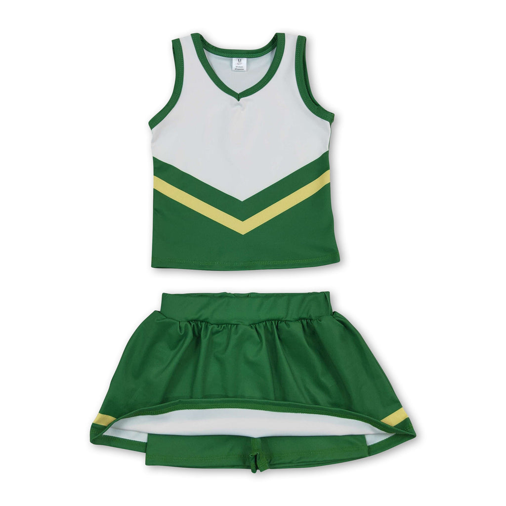 Sleeveless green yellow top skirt girls team cheer active set