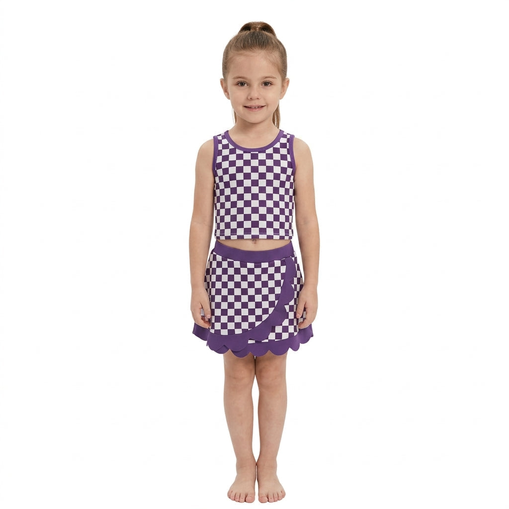 Scallop blue plaid girls summer team active wear set