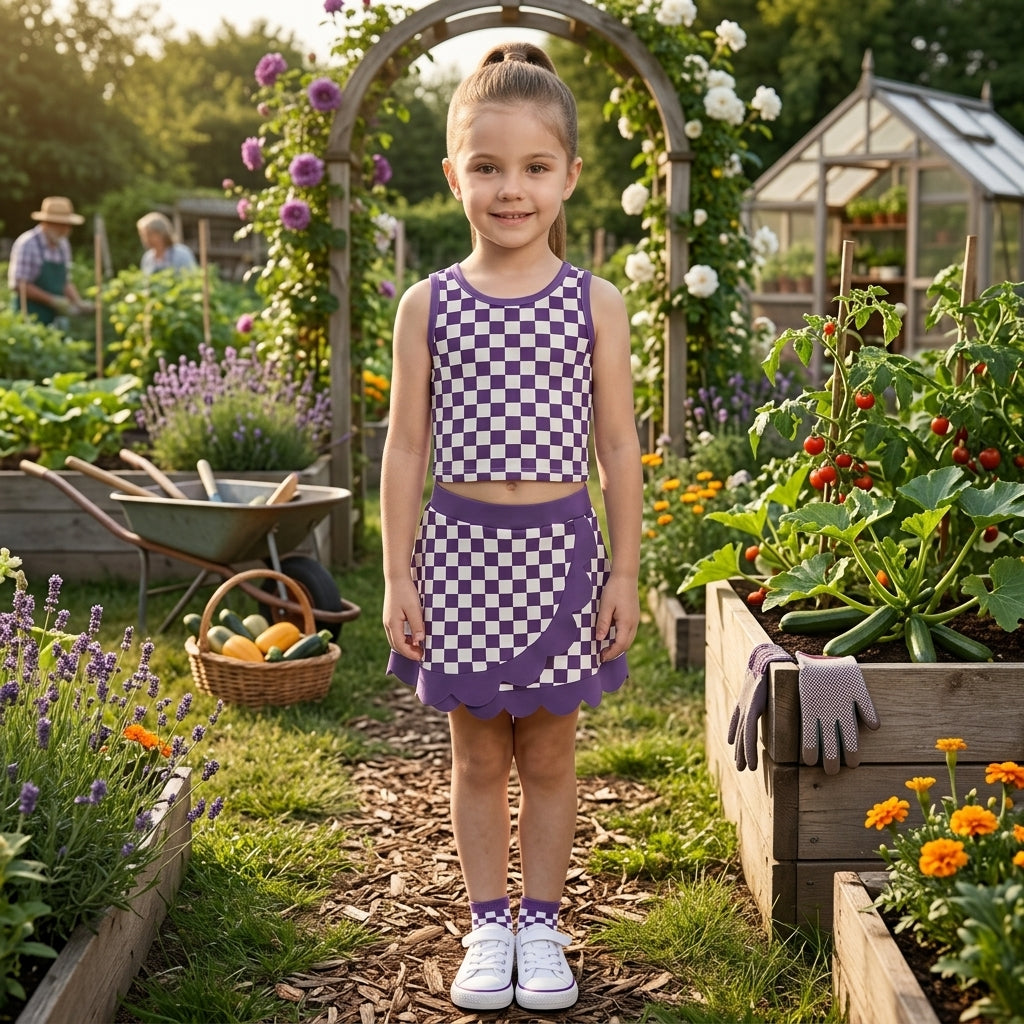 Scallop blue plaid girls summer team active wear set