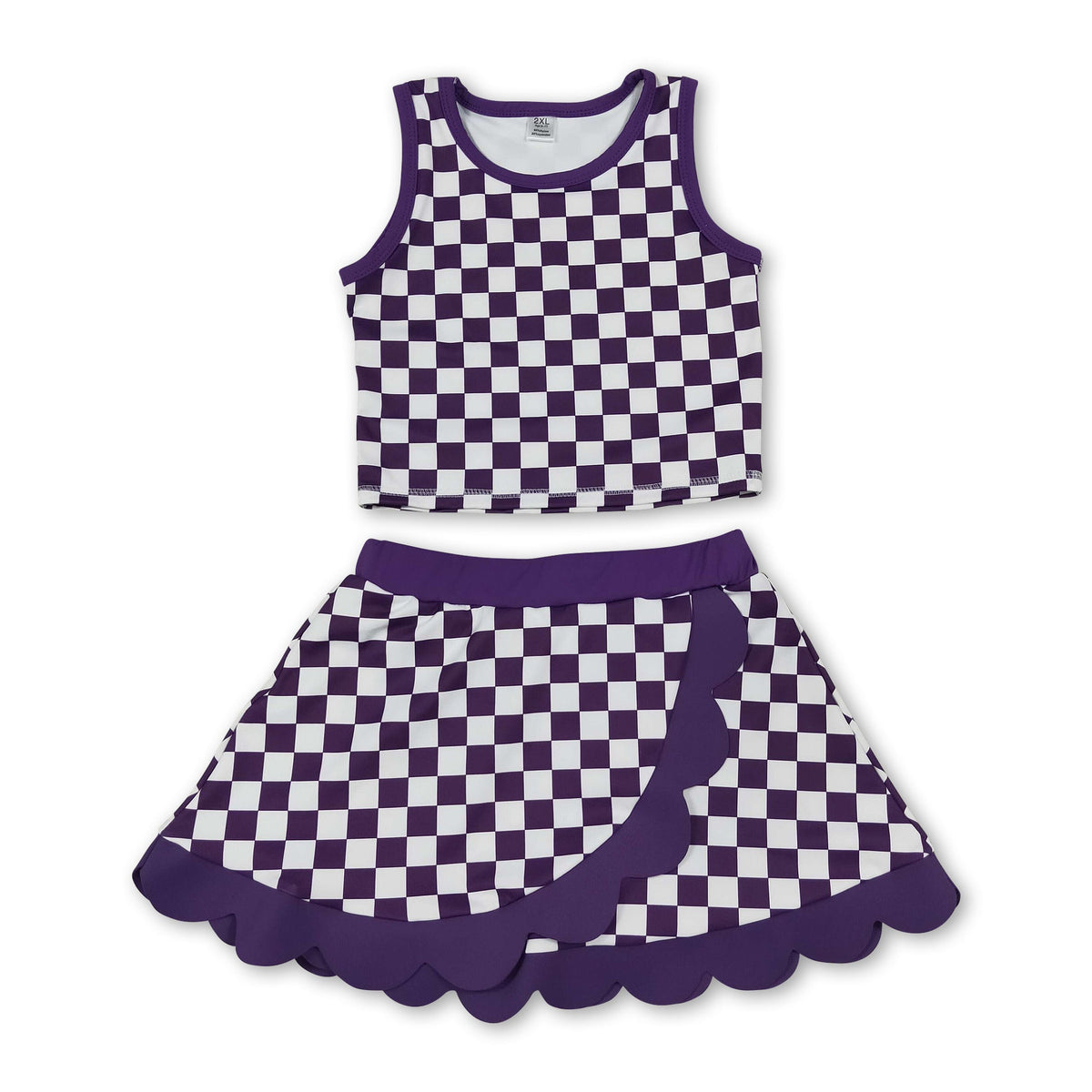 Scallop blue plaid girls summer team active wear set