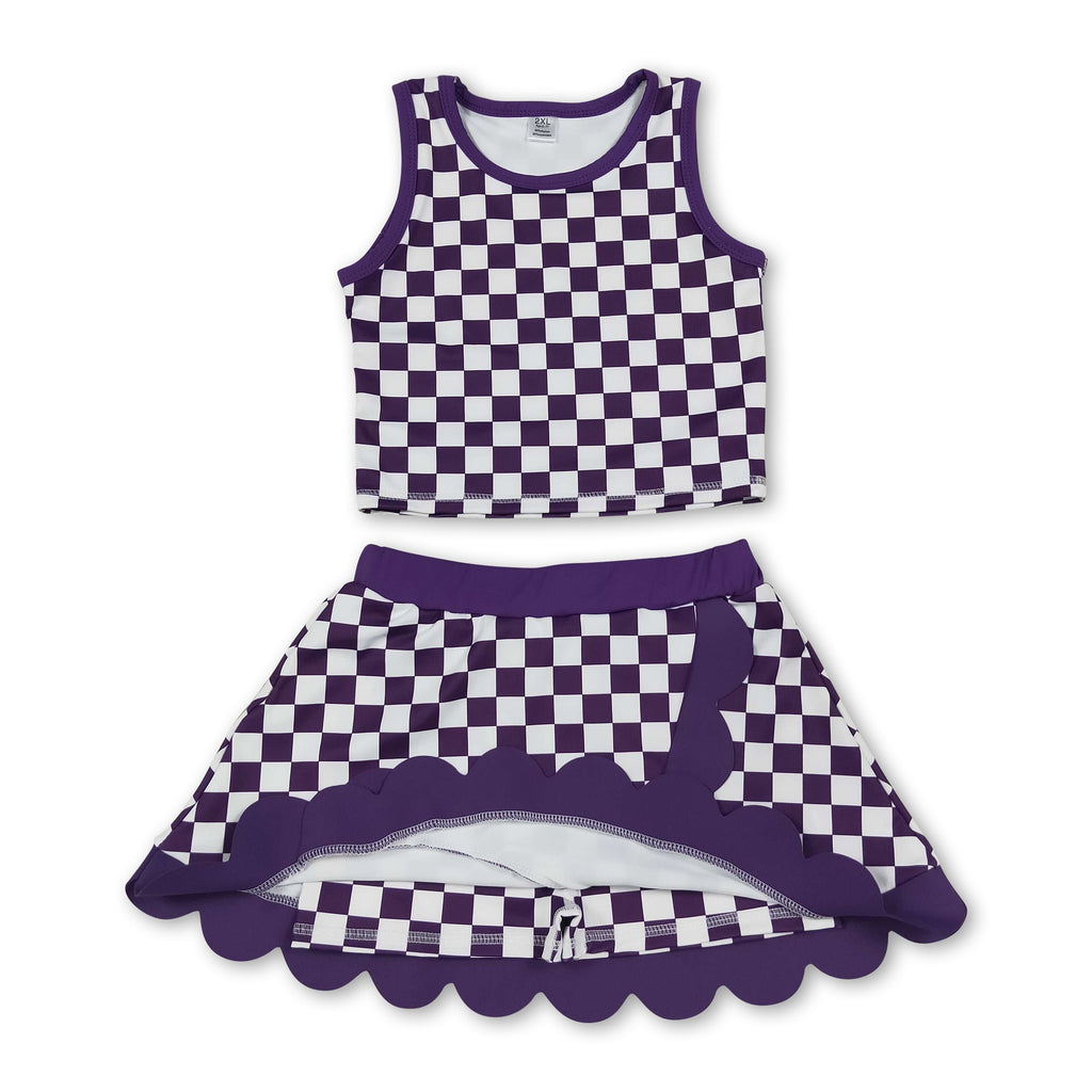 Scallop blue plaid girls summer team active wear set