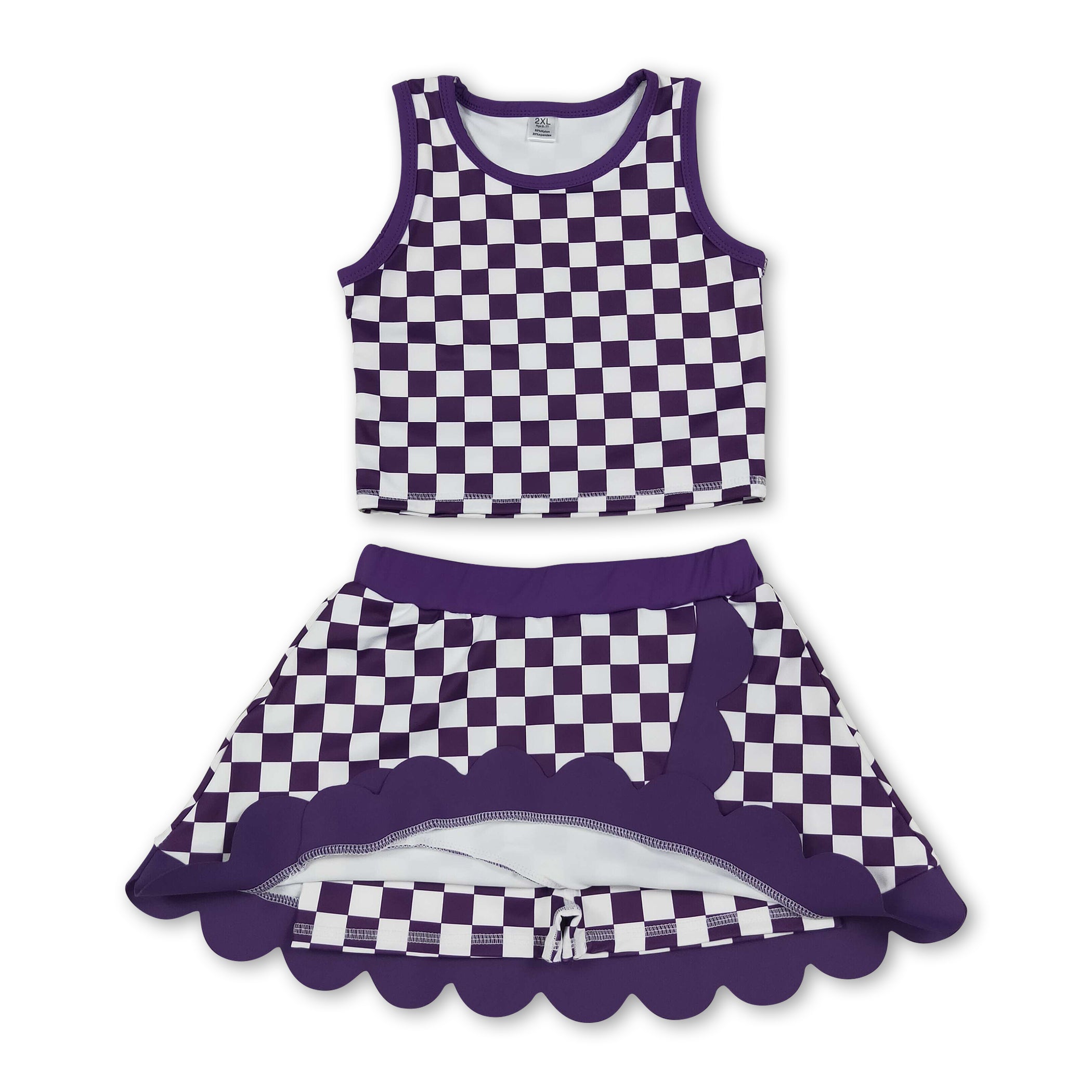 Scallop blue plaid girls summer team active wear set