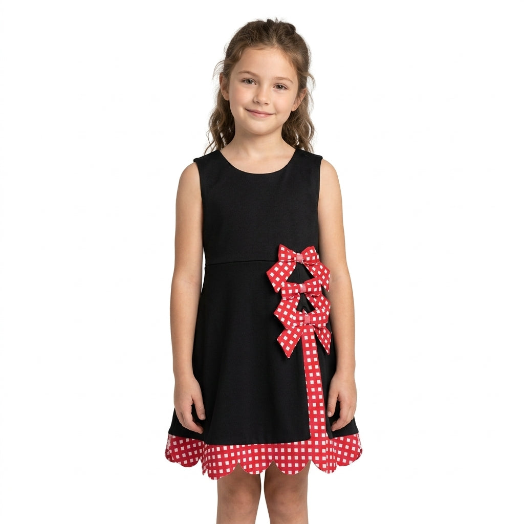 Sleeveless plaid scallop black kids girls athletic dresses