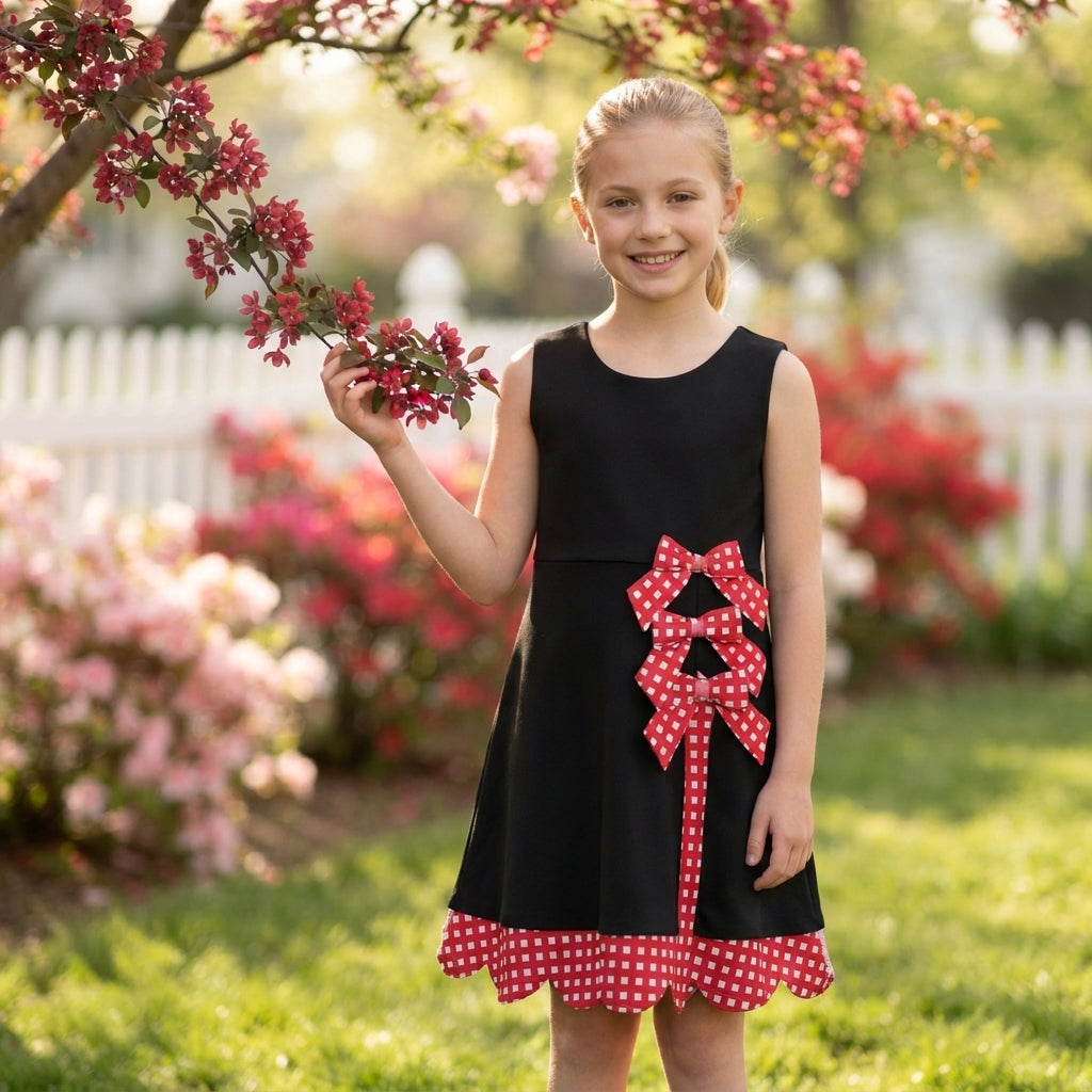 Sleeveless plaid scallop black kids girls athletic dresses