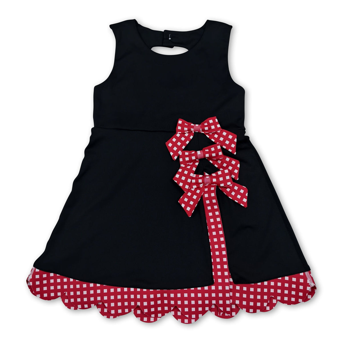 Sleeveless plaid scallop black kids girls athletic dresses