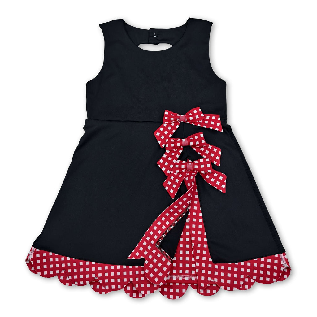 Sleeveless plaid scallop black kids girls athletic dresses