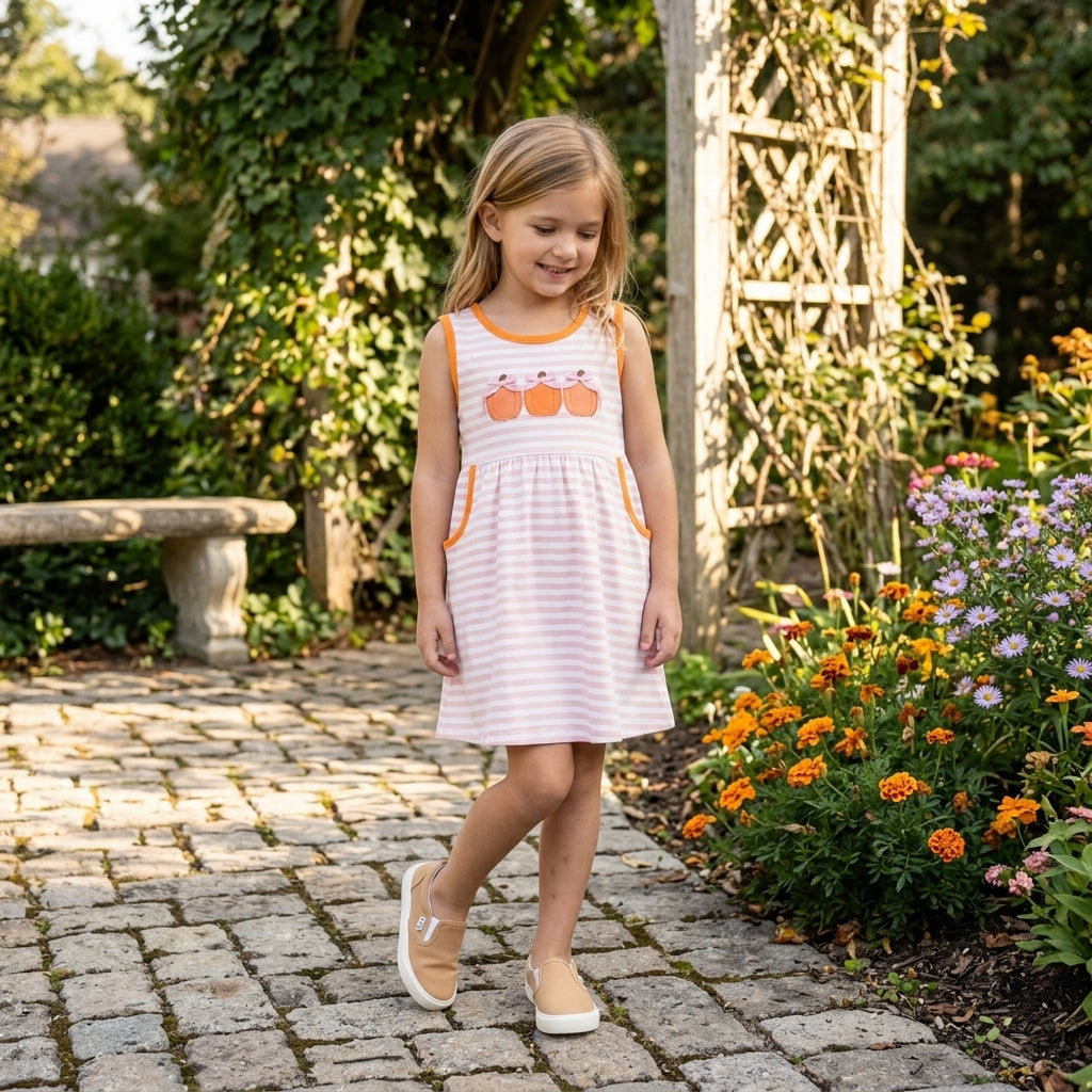 Sleeveless stripe pumpkin bow embroidery girls fall dress