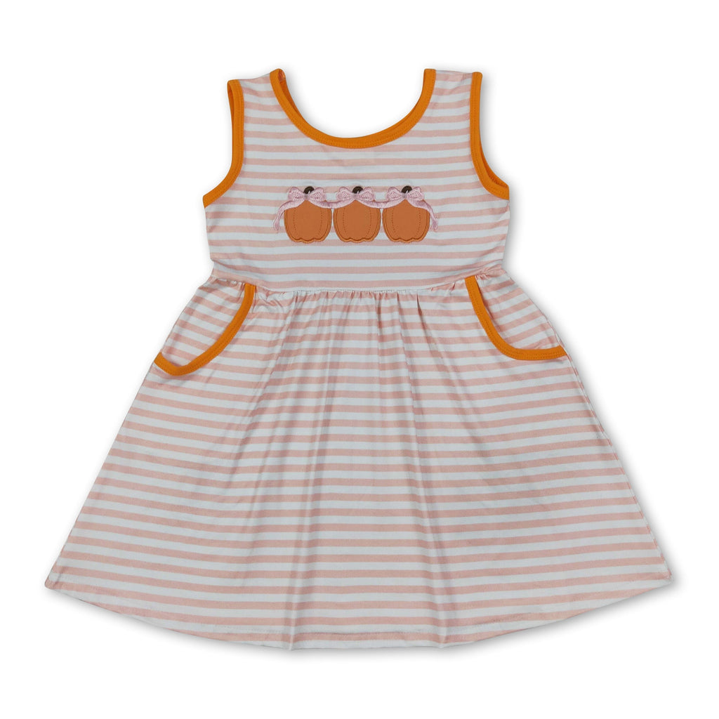 Sleeveless stripe pumpkin bow embroidery girls fall dress