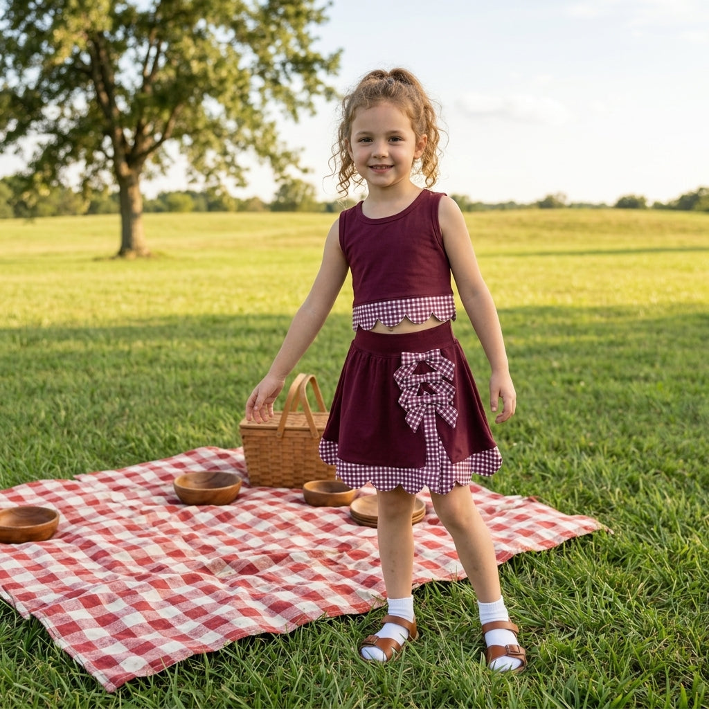 Sleeveless maroon plaid scallop girls summer active wear set