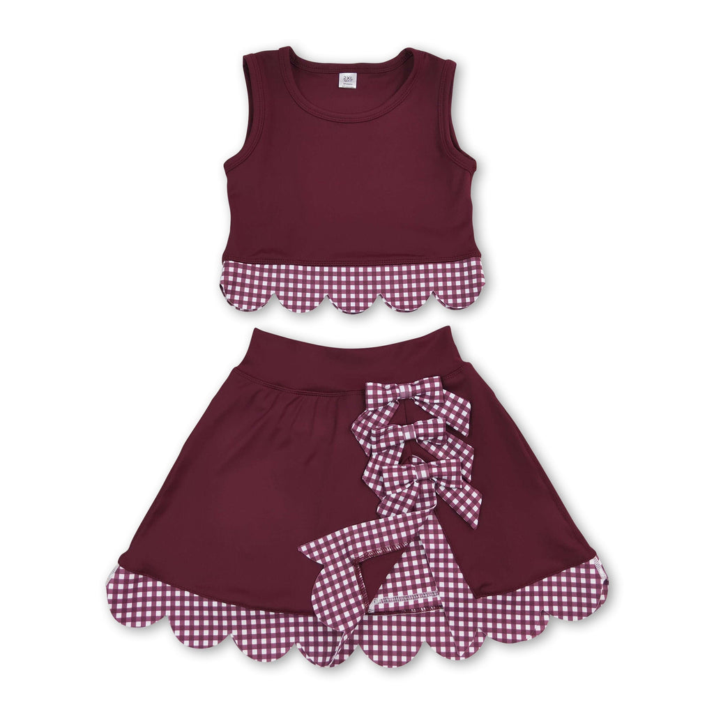 Sleeveless maroon plaid scallop girls summer active wear set