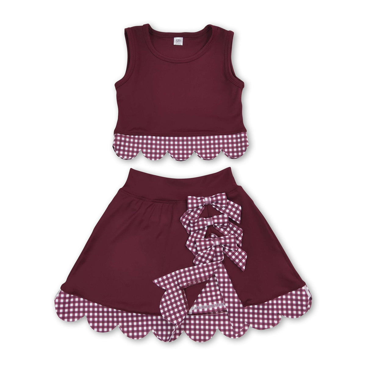 Sleeveless maroon plaid scallop girls summer active wear set