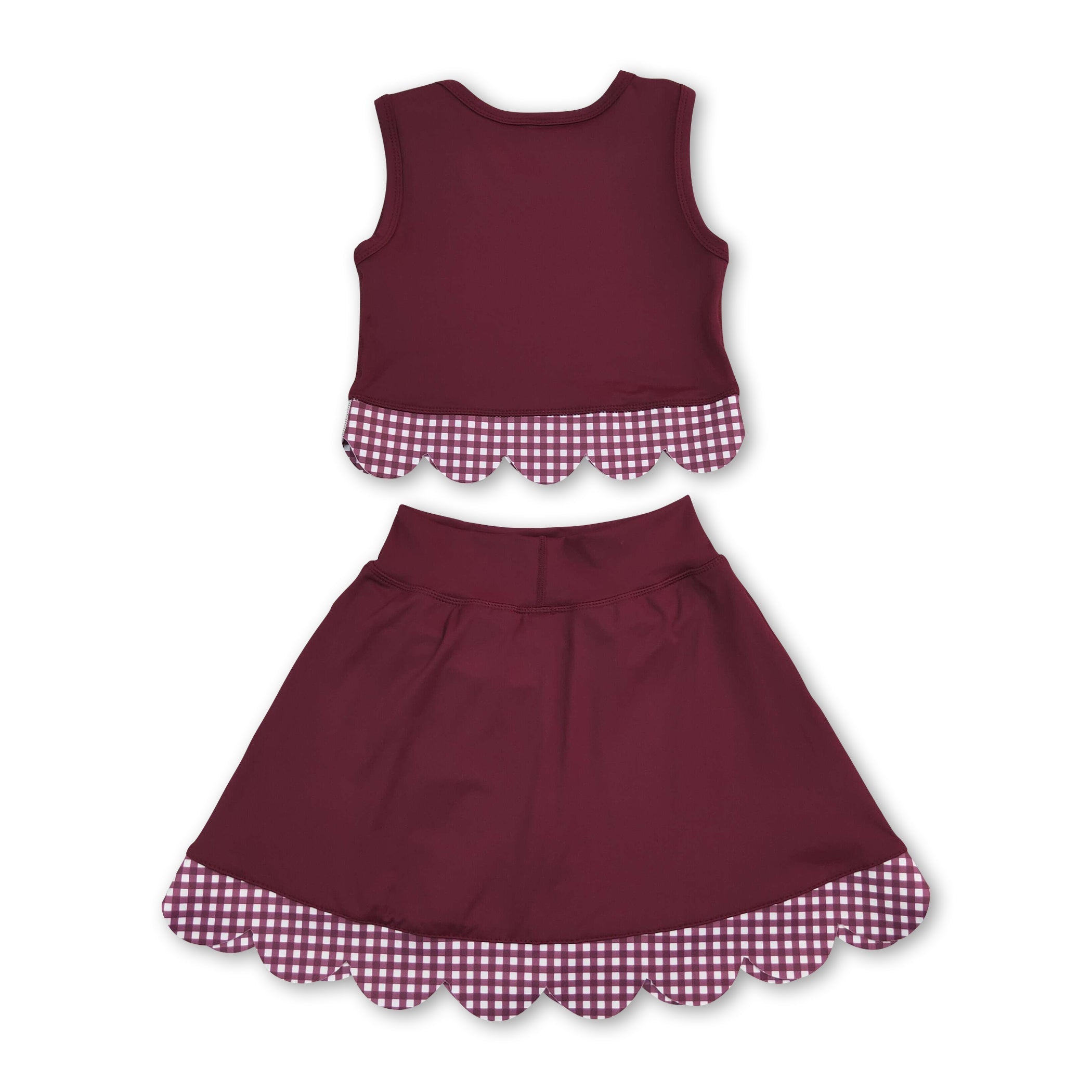 Sleeveless maroon plaid scallop girls summer active wear set