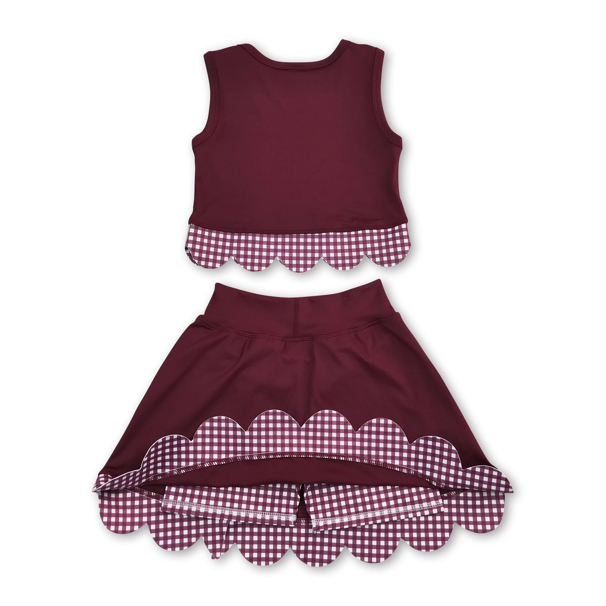 Sleeveless maroon plaid scallop girls summer active wear set