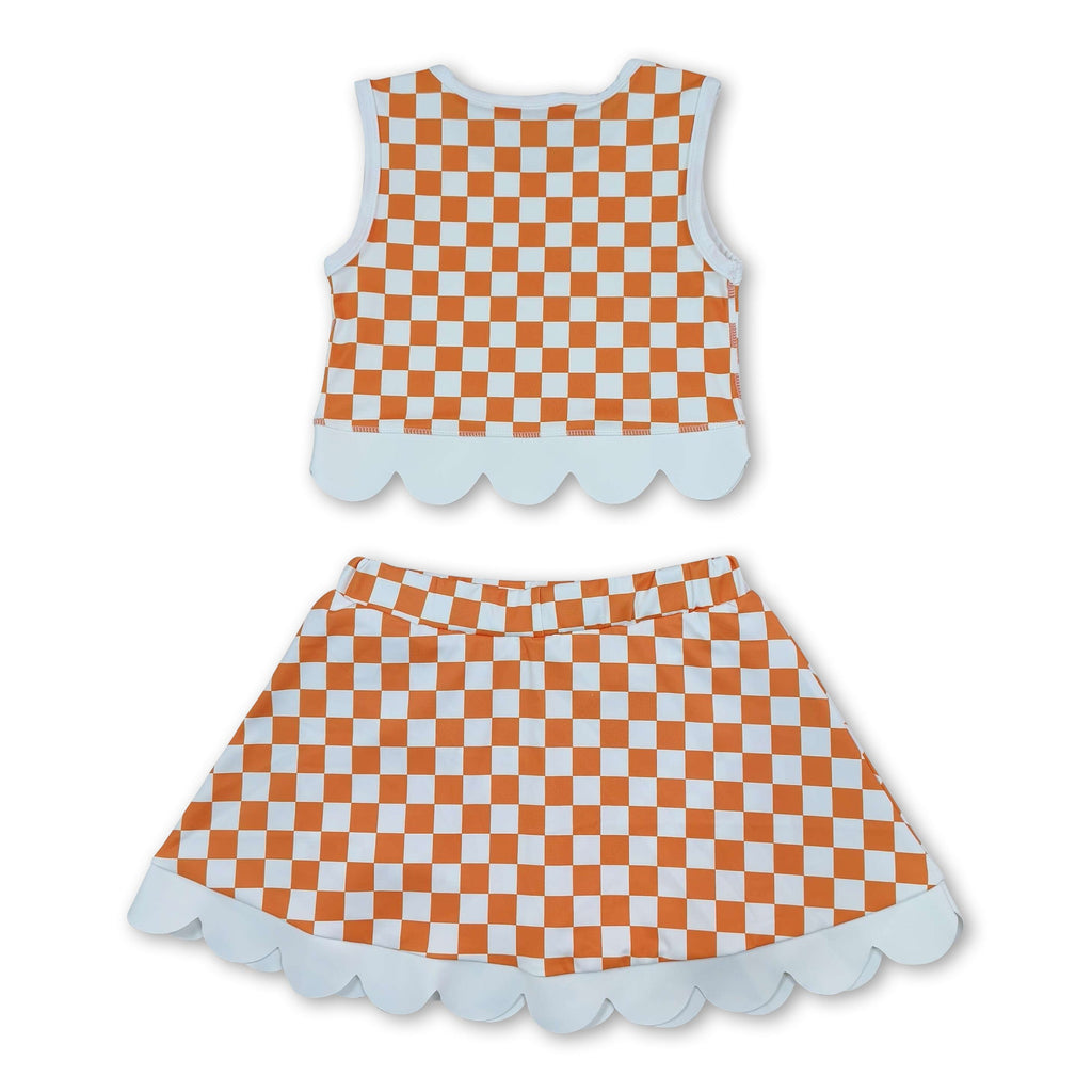 Sleeveless orange T plaid scallop girls team active wear set