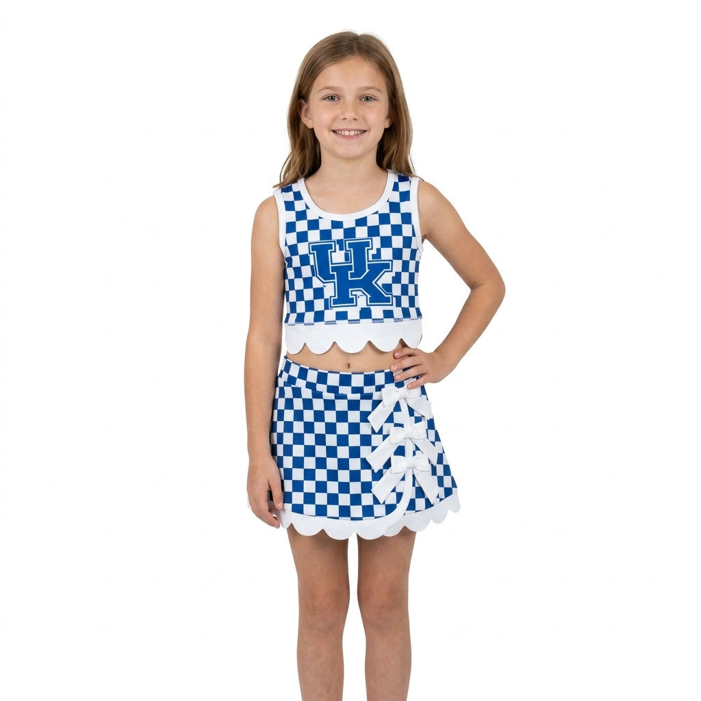 Sleeveless blue U K plaid scallop girls team active wear set