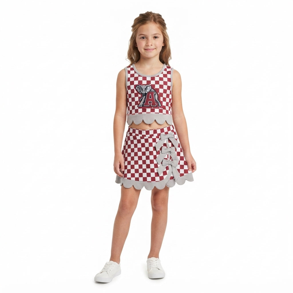 Sleeveless elephant plaid scallop girls team active wear set