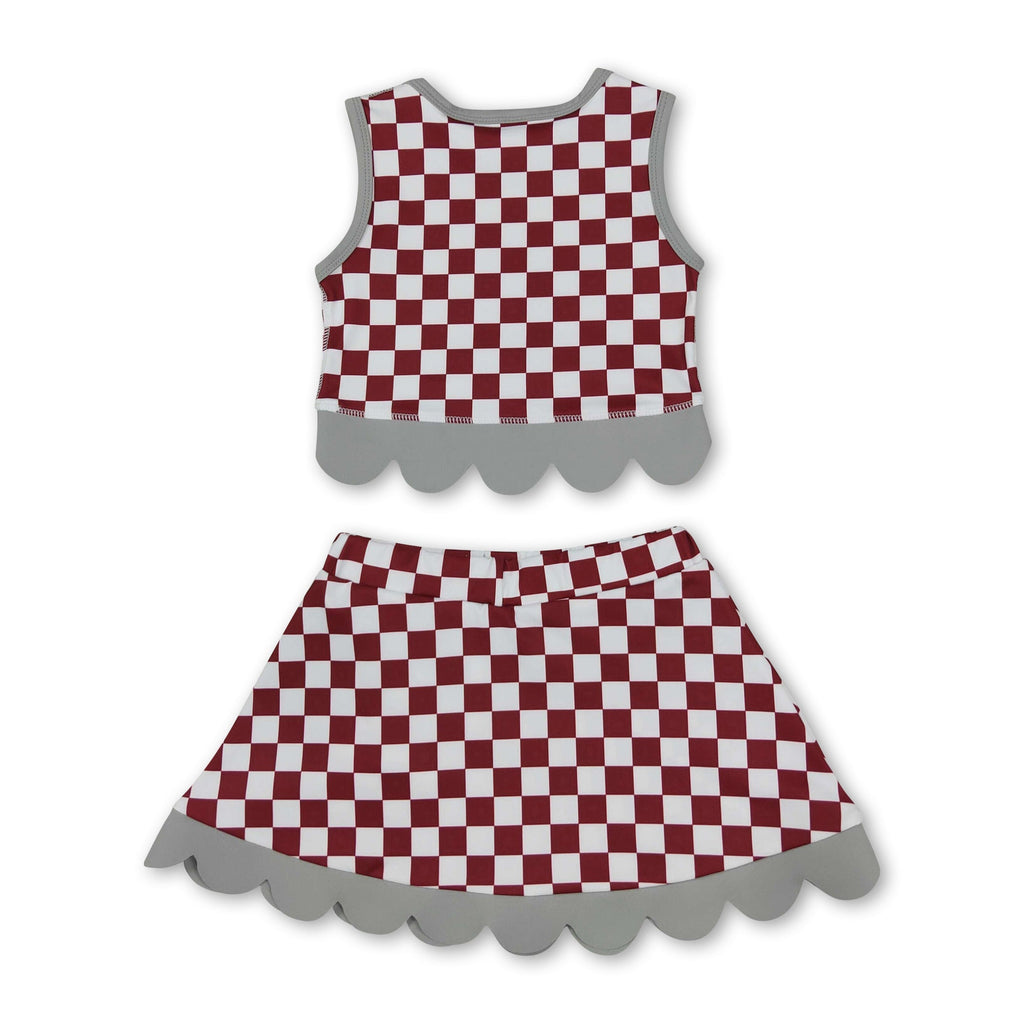 Sleeveless elephant plaid scallop girls team active wear set