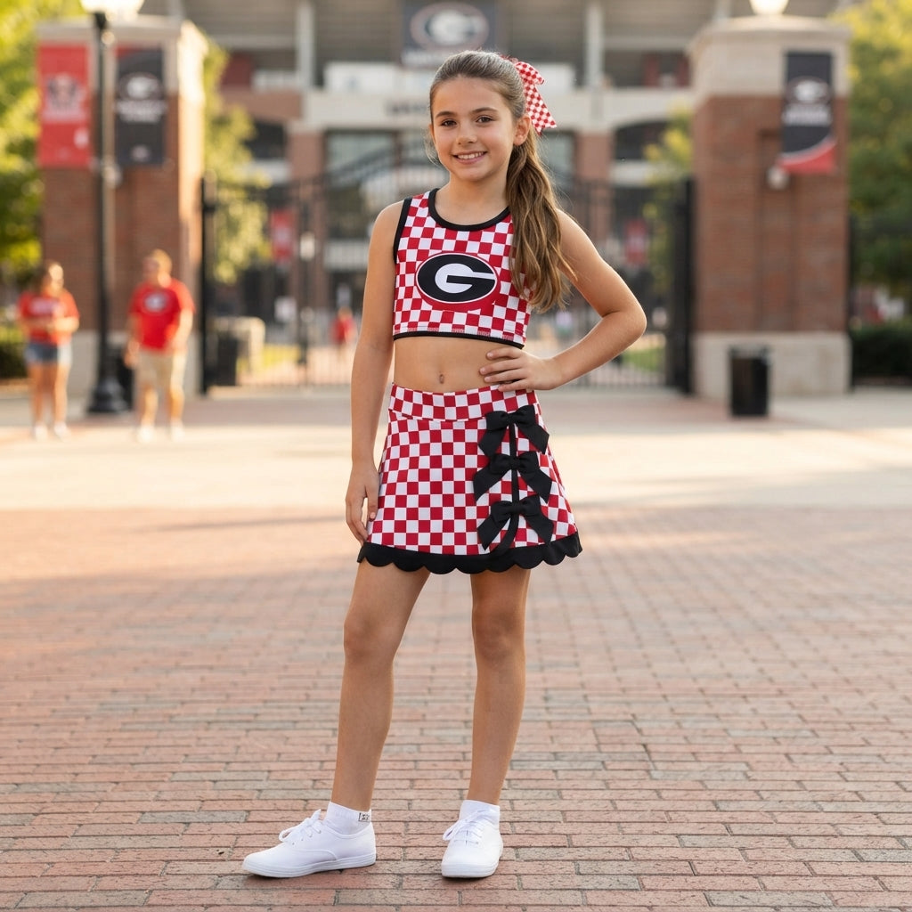 Sleeveless red G plaid scallop girls team active wear set