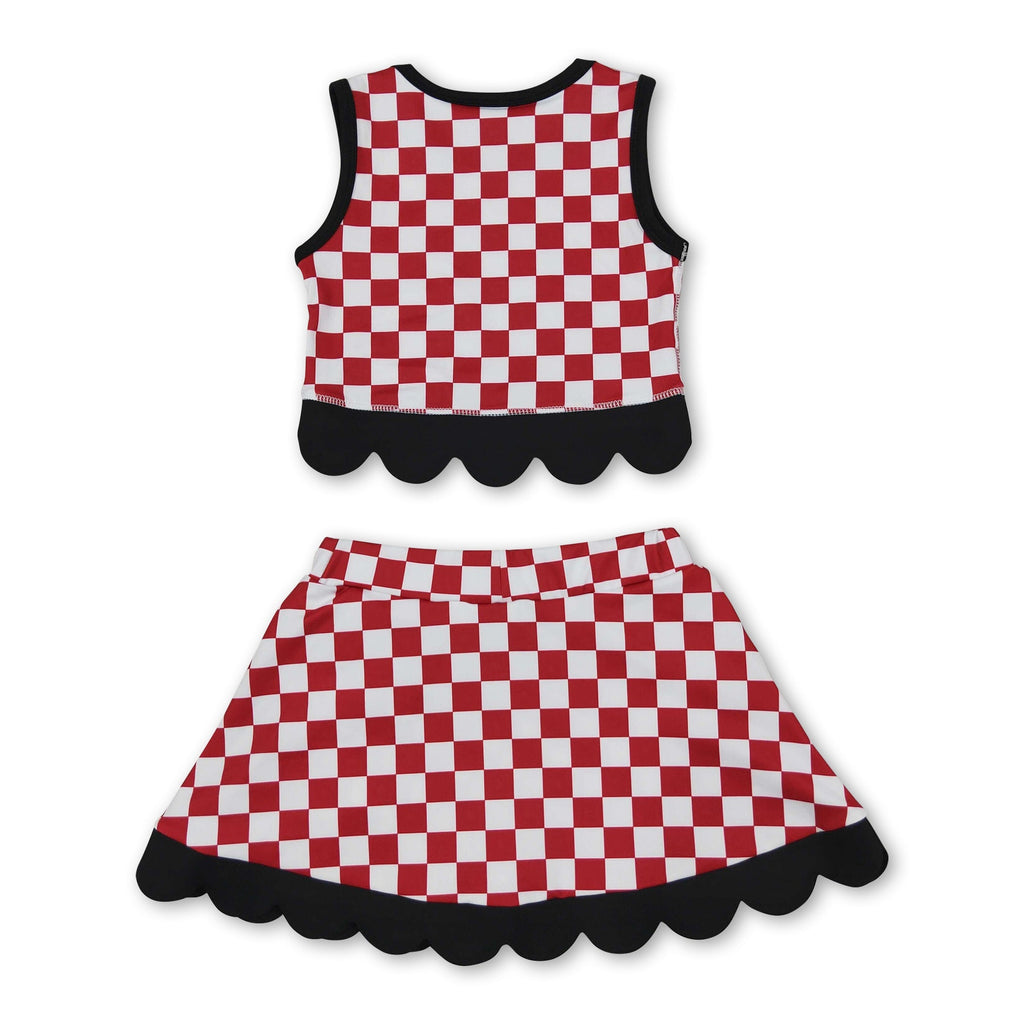 Sleeveless red G plaid scallop girls team active wear set